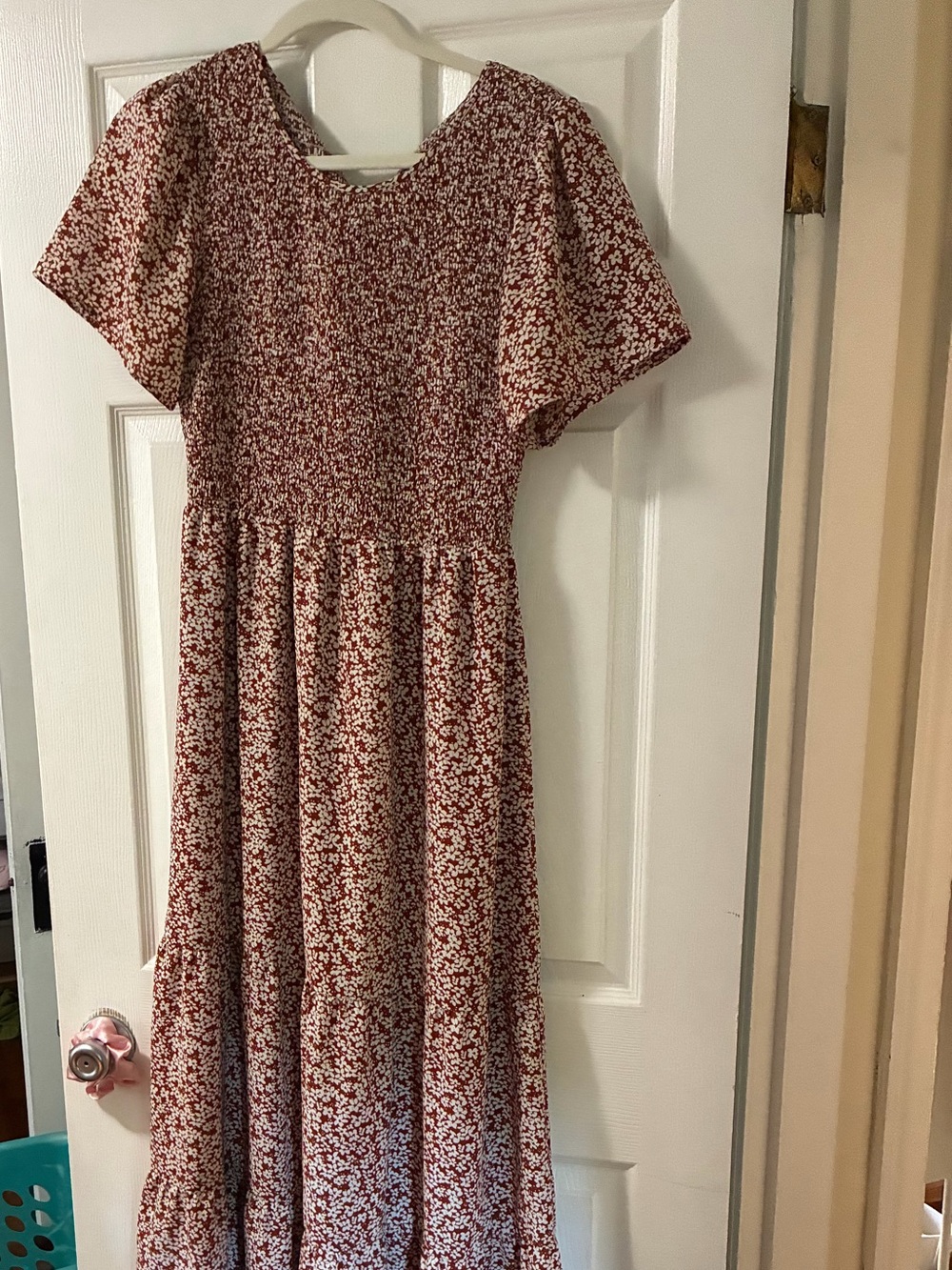 Women's Red Floral Maxi Dress with Smocked Bodice
